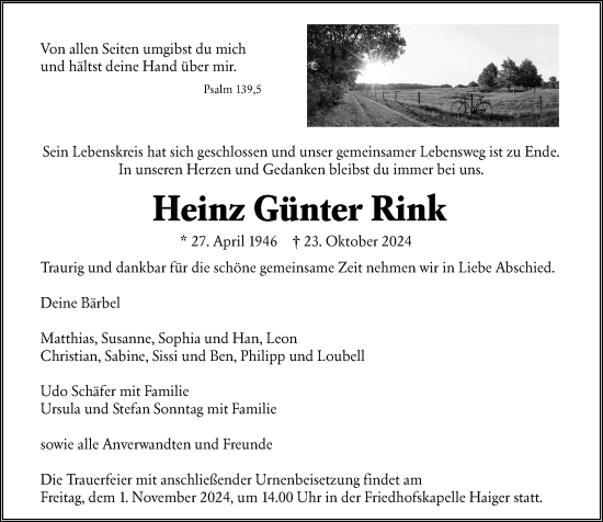 Traueranzeige von Heinz Günter Rink von Dill Block