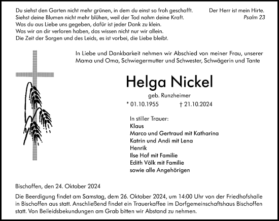 Traueranzeige von Helga Nickel von Hinterländer Anzeiger