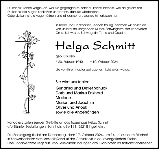 Traueranzeige von Helga Schmitt von Allgemeine Zeitung Rheinhessen-Nahe