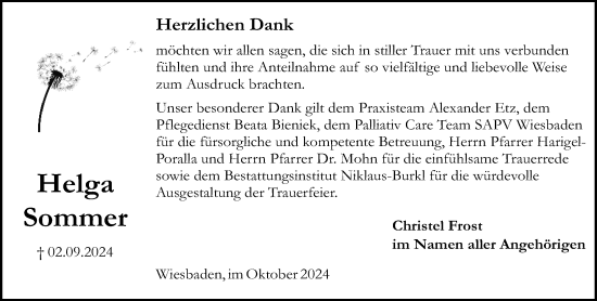 Traueranzeige von Helga Sommer von Wiesbadener Kurier