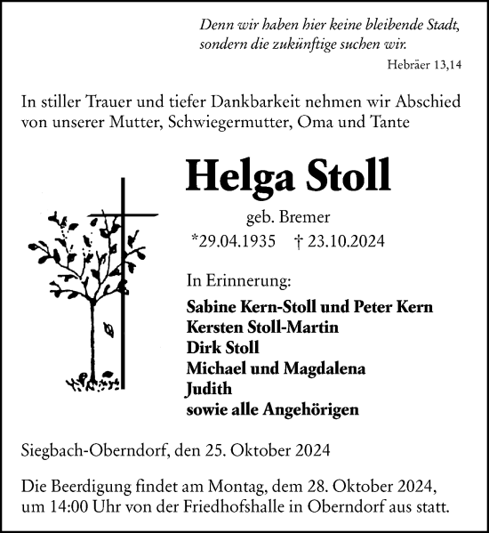 Traueranzeige von Helga Stoll von Dill Block