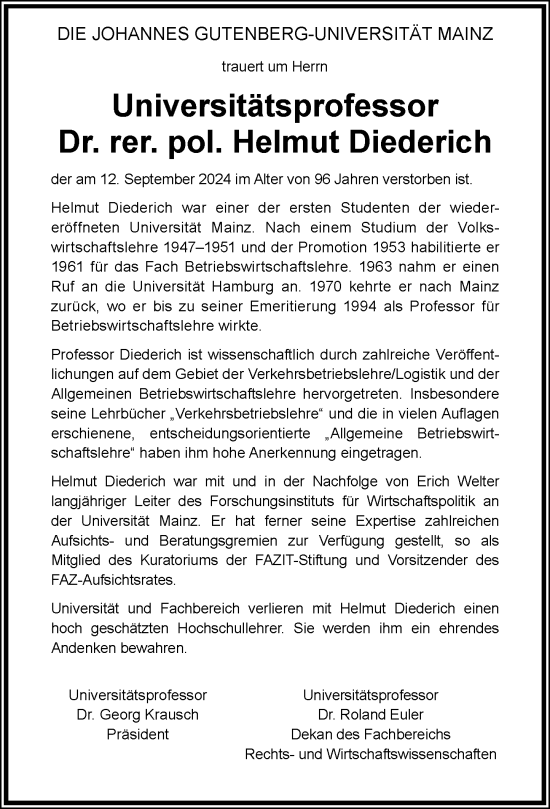 Traueranzeige von Helmut Diederich von Allgemeine Zeitung Mainz