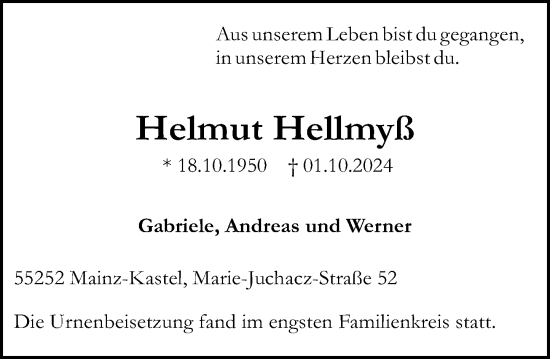 Traueranzeige von Helmut Hellmyß von Allgemeine Zeitung Mainz