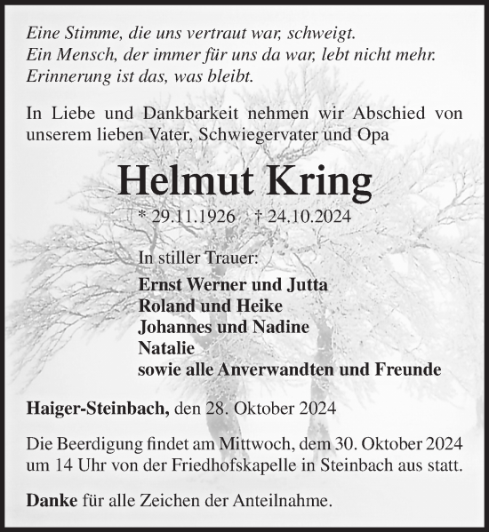 Traueranzeige von Helmut Kring von Dill Block