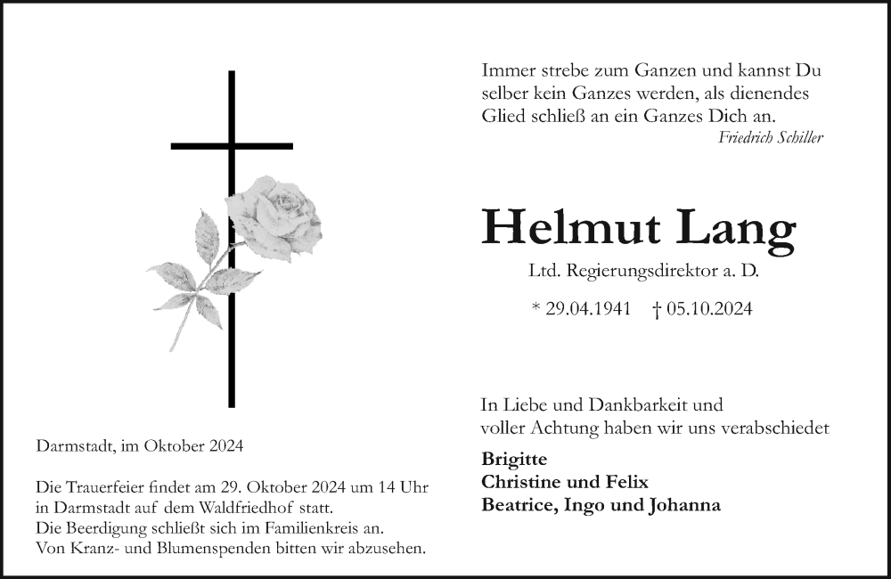  Traueranzeige für Helmut Lang vom 12.10.2024 aus Darmstädter Echo