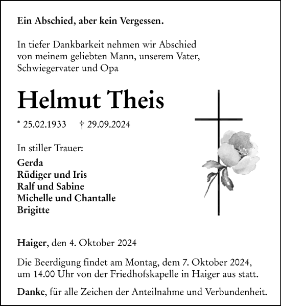 Traueranzeige von Helmut Theis von Dill Block