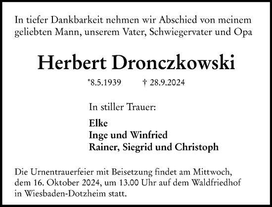 Traueranzeige von Herbert Dronczkowski von Wiesbadener Kurier