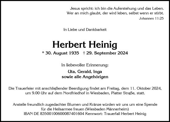 Traueranzeige von Herbert Heinig von Wiesbadener Kurier