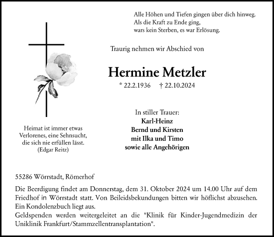 Traueranzeige von Hermine Metzler von Allgemeine Zeitung Alzey