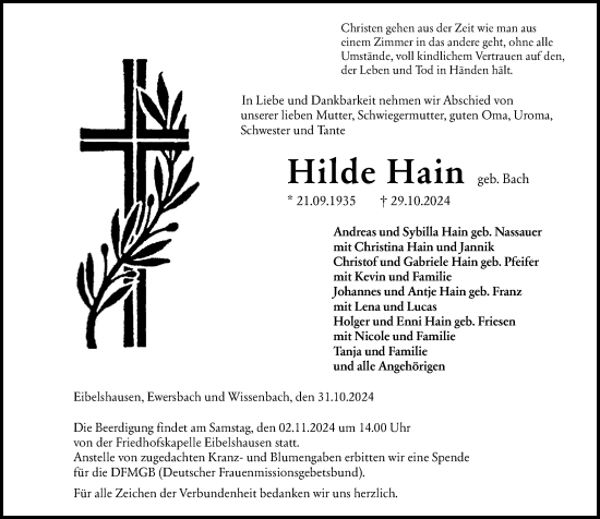 Traueranzeige von Hilde Hain von Dill Block