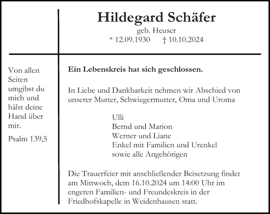 Traueranzeige von Hildegard Schäfer von Hinterländer Anzeiger