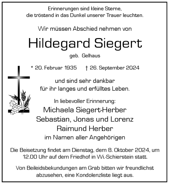 Traueranzeige von Hildegard Siegert von Wiesbadener Kurier