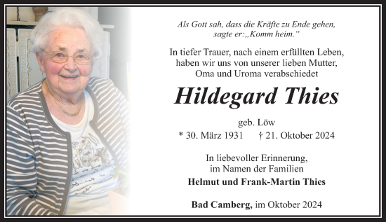 Traueranzeige von Hildegard Thies von Camberger Anzeiger