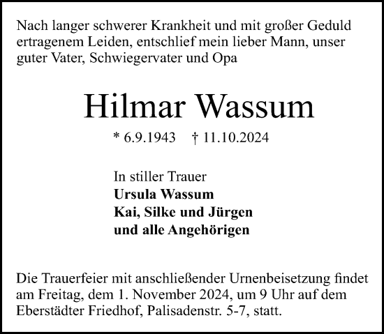 Traueranzeige von Hilmar Wassum von Darmstädter Echo