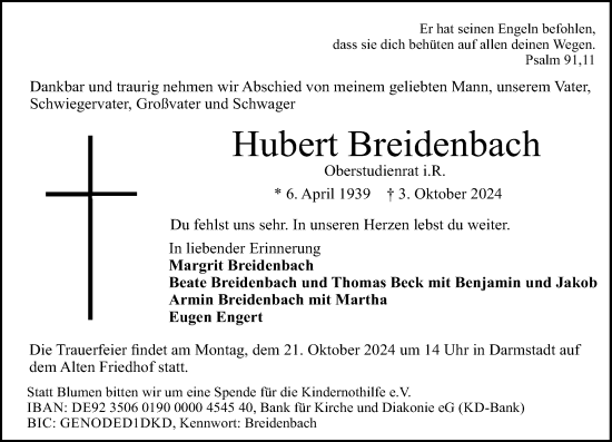 Traueranzeige von Hubert Breidenbach von Darmstädter Echo