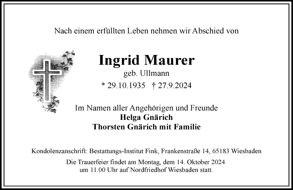  Traueranzeige für Ingrid Maurer vom 05.10.2024 aus Wiesbadener Kurier