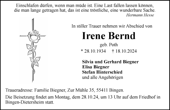 Traueranzeige von Irene Bernd von Allgemeine Zeitung Rheinhessen-Nahe