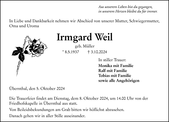 Traueranzeige von Irmgard Weil von Dill Block