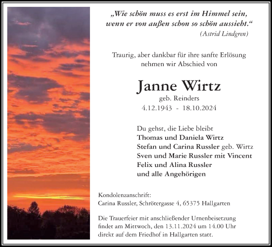 Traueranzeige von Janne Wirtz von Rheingau Kurier