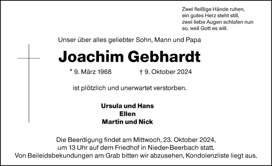 Traueranzeige von Joachim Gebhardt von Darmstädter Echo