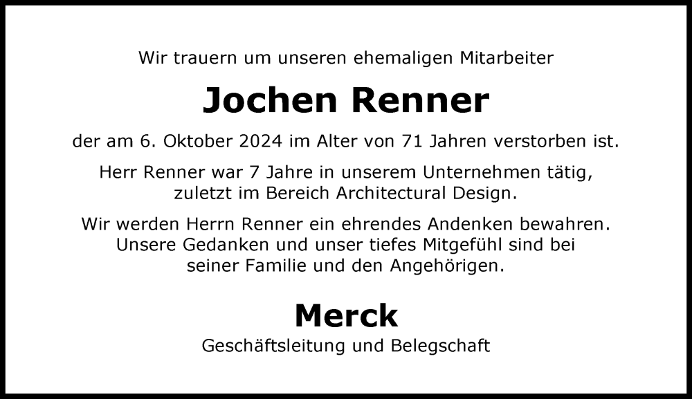  Traueranzeige für Jochen Renner vom 26.10.2024 aus Darmstädter Echo