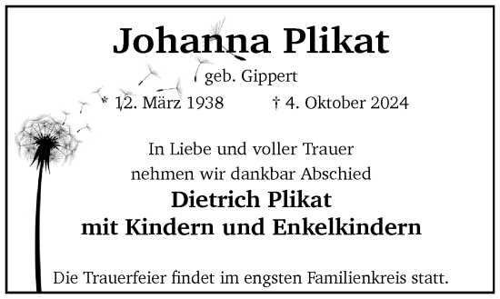 Traueranzeige von Johanna Plikat von Wiesbadener Kurier