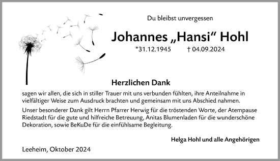 Traueranzeige von Johannes Hohl von Groß-Gerauer Echo