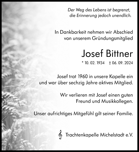 Traueranzeige von Josef Bittner von Odenwälder Echo