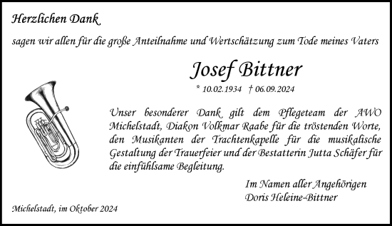 Traueranzeige von Josef Bittner von Odenwälder Echo