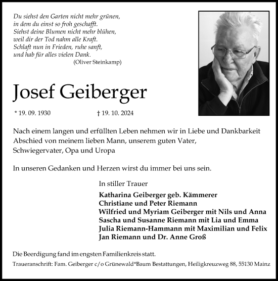 Traueranzeige von Josef Geiberger von Allgemeine Zeitung Mainz