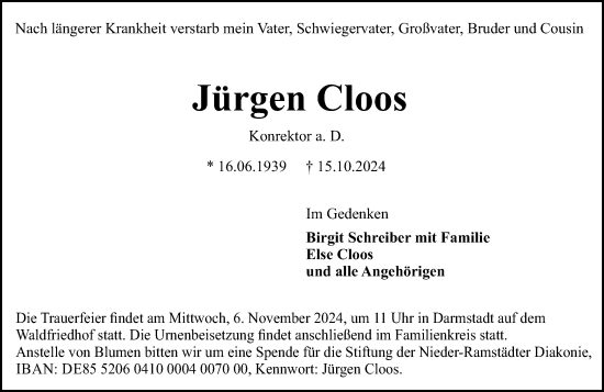 Traueranzeige von Jürgen Cloos von Darmstädter Echo