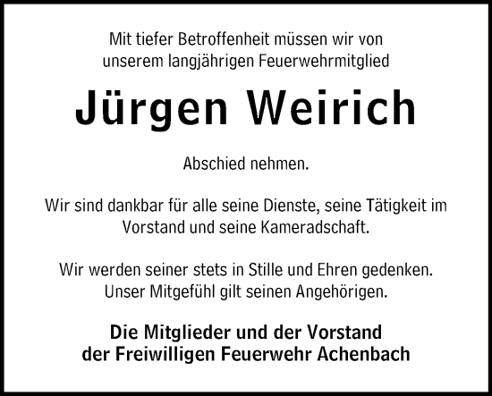 Traueranzeige von Jürgen Weirich von Hinterländer Anzeiger