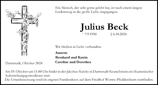 Traueranzeige von Julius Beck von Darmstädter Echo