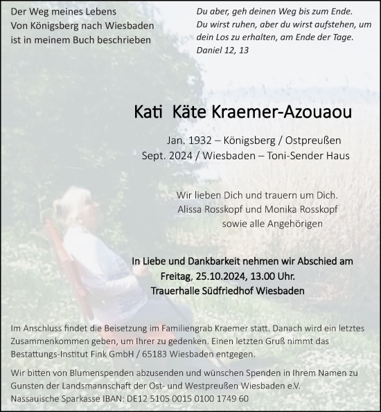 Traueranzeige von Käte Kraemer-Azouaou von Wiesbadener Kurier