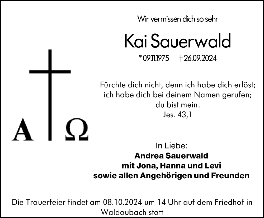  Traueranzeige für Kai Sauerwald vom 04.10.2024 aus Dill Block