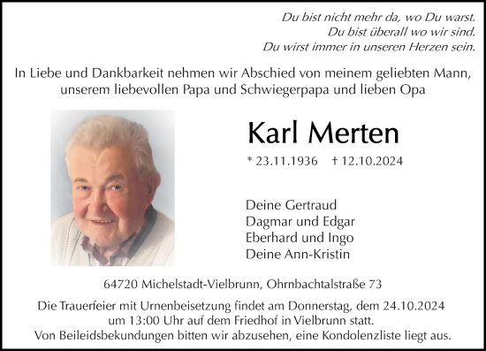 Traueranzeige von Karl Merten von Odenwälder Echo