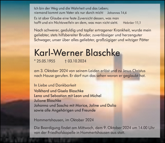 Traueranzeige von Karl-Werner Blaschke von Hinterländer Anzeiger