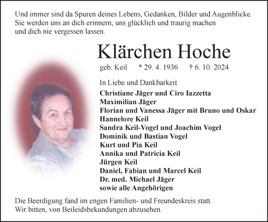 Traueranzeige von Klärchen Hoche von Odenwälder Echo