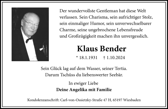 Traueranzeige von Klaus Bender von Wiesbadener Kurier