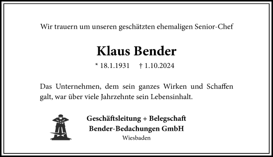 Traueranzeige von Klaus Bender von Wiesbadener Kurier