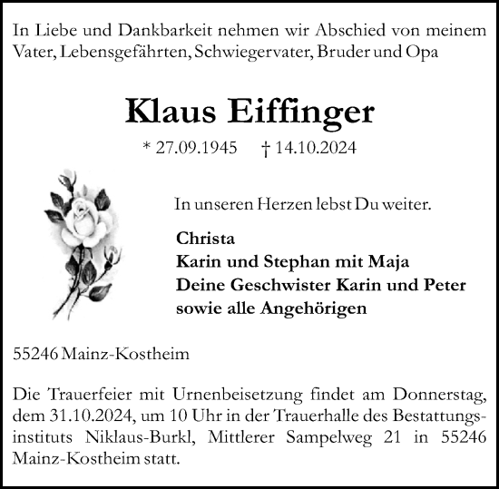 Traueranzeige von Klaus Eiffinger von Allgemeine Zeitung Mainz