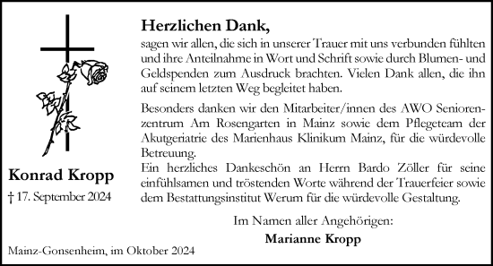 Traueranzeige von Konrad Kropp von Allgemeine Zeitung Mainz