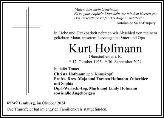 Traueranzeige von Kurt Hofmann von Nassauische Neue Presse