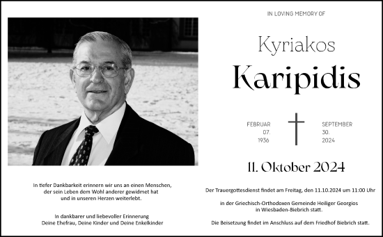 Traueranzeige von Kyriakos Karipidis von Wiesbadener Kurier