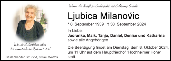 Traueranzeige von Ljubica Milanovic von Wormser Zeitung