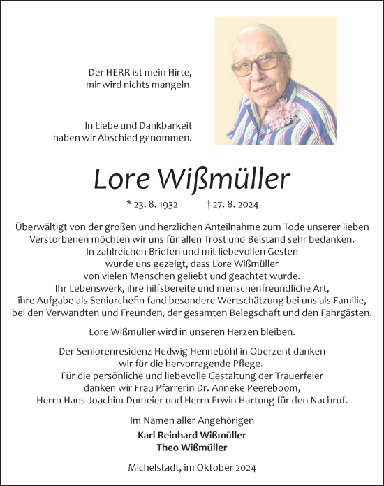 Traueranzeige von Lore Wißmüller von Odenwälder Echo