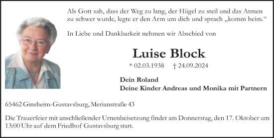 Traueranzeige von Luise Block von Allgemeine Zeitung Mainz