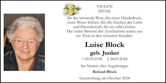 Traueranzeige von Luise Block von Allgemeine Zeitung Mainz