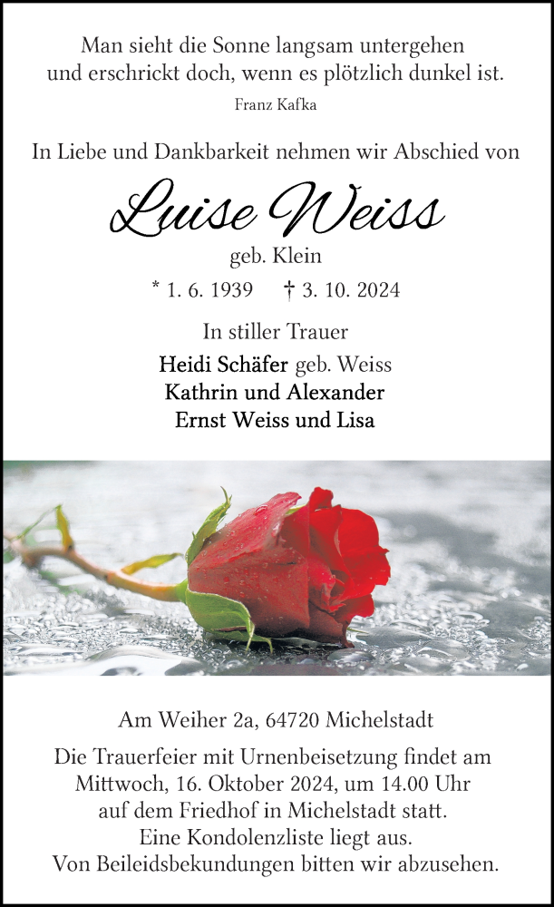  Traueranzeige für Luise Weiss vom 12.10.2024 aus Odenwälder Echo