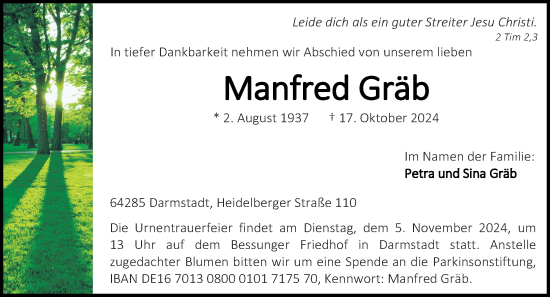 Traueranzeige von Manfred Gräb von Darmstädter Echo